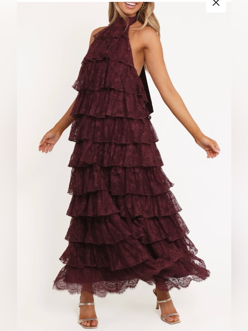 Petal & Pup Burgundy Tiered Lace Halter Maxi Dress